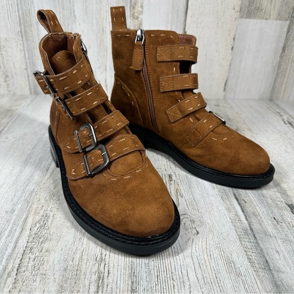 New Aerosoles Arezzo Faux Brown Suede Biker Bootie with Buckles #723 - Picture 7 of 13